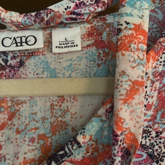 CATO Pink/Coral/Blue/Cream Mosaic Paisley Pattern Top w/Tie at Neck, Large, GUC. - Picture 3 of 8